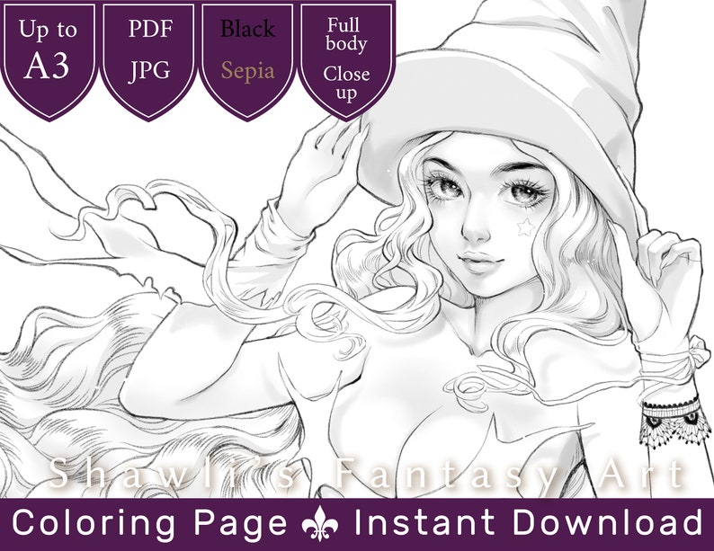 Coloring Page for Adults Halloween Witch and Cat Instant - Etsy