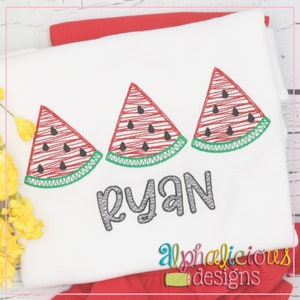 May include: White t-shirt with three embroidered watermelon slices and the name "RYAN" in black thread.