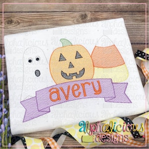 Spooky Trio with Banner - Sketch - Embroidery  Design - Quick Stitch - Instant Download