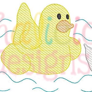 May include: Embroidered design of three inflatable pool floats: a pink flamingo, a yellow duck, and a white swan. Each float has a ring in the middle for a person to hold onto.