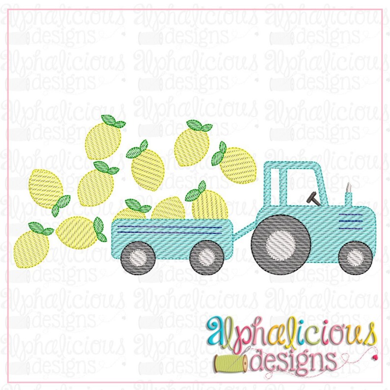 May include: A blue tractor with a wagon full of yellow lemons. The lemons are spilling out of the wagon and rolling on the ground.