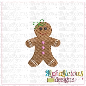 May include: A gingerbread person with a green bow, brown body, white icing, and pink buttons.
