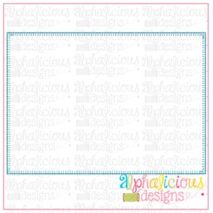 May include: A blank white rectangle with a blue stitched border. The rectangle is surrounded by a repeating pattern of the text "Alphalicious Designs" in a light blue font.