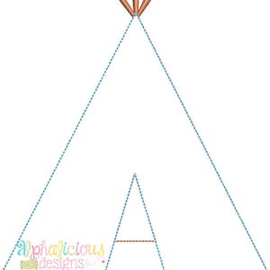 May include: A blue and white outline of a teepee with a brown stick at the top.