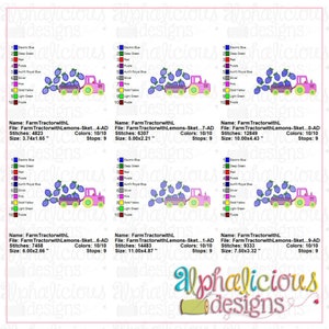 May include: A digital embroidery design of a pink tractor with a yellow bed filled with blue blueberries. The design is available in 10 different sizes, with the largest being 10 inches by 4.43 inches.