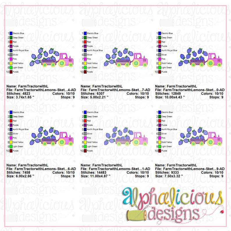 May include: A digital embroidery design of a pink tractor with a yellow bed filled with blue blueberries. The design is available in 10 different sizes, with the largest being 10 inches by 4.43 inches.