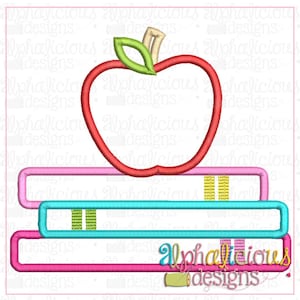 May include: A red apple outline with green and tan accents sits atop a stack of three books in pink, teal, and pink. The books have yellow and green striped details. The text "Alphalicious designs" is at the bottom.