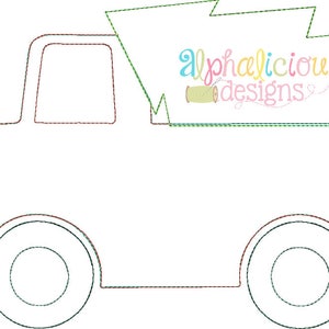 Peut inclure: Contour noir et blanc d'un camion à benne basculante avec le texte "alphalicious designs" en lettres colorées à l'arrière.