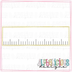 May include: A black and white ruler with gold trim. The ruler has markings for inches and centimetres.