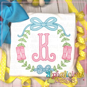 Preppy Girl Monogram Frame - Rainboots - Sketch Embroidery - Quick Stitch - Instant Download