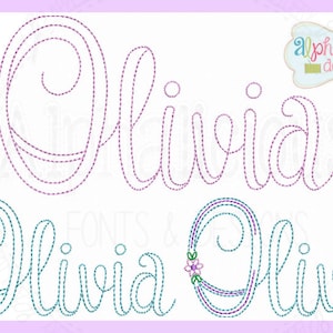 May include: A digital embroidery design of the name "Olivia" in three different styles. The first style is in purple with a swirl at the beginning of the name. The second style is in teal with a swirl at the beginning of the name and a flower design. The third style is in teal with a swirl at the end of the name.