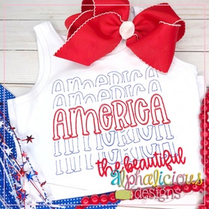 May include: White tank top with red, white, and blue embroidery that says "America the beautiful" with the word "America" repeated multiple times in a stacked pattern. The design is outlined in blue and filled in red. The tank top is decorated with a red bow.