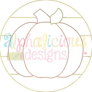 May include: A simple line drawing of a pumpkin with a stem and leaf inside a circle with a striped pattern. The pumpkin is outlined in brown and the circle is outlined in gold.
