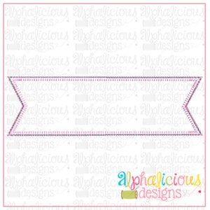 May include: A banner design with a pink border and a stitched effect. The banner has a rectangular shape with pointed ends. The word "Alphalicious designs" is written in colorful script at the bottom of the image.