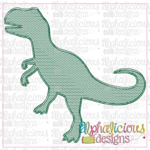 May include: Green outline of a dinosaur, possibly a Tyrannosaurus Rex, with a striped pattern. The outline is a simple, flat design.