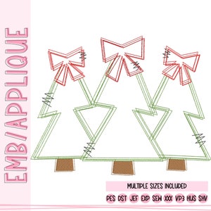 May include: Three green Christmas trees with red bows on top. The trees are outlined in green and the bows are outlined in red. The trees are on a white background.  Multiple sizes included. PES DST JEF EXP SEW XXX VP3 HUS SHV
