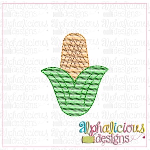 May include: A green and brown embroidered image of an ear of corn. The corn is surrounded by green leaves.