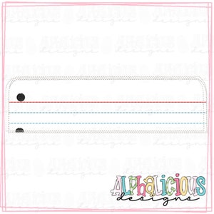 May include: A white rectangular label with three lines and two black dots. The label has a red line and two blue lines. The text "Alphalicious Designs" is in colourful letters at the bottom of the image.