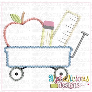 May include: A red apple, a pencil, a ruler, and a wagon with a blank banner. The wagon is blue and has two wheels. The apple has a green leaf. The pencil is gray with a pink eraser. The ruler is gray with black markings. The banner is white with a blue border.