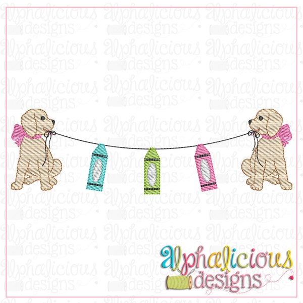 Pup with Bow Bunting - Crayons - Sketch -  Embroidery Design - Instant Download - 6 Sizes - 9 Different File Formats