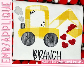 Funky Backhoe with Hearts – Blanket Stitch Embroidery Design - Valentine's Day Embroidery Applique Design - Quick Stitch - Construction