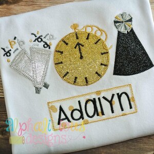May include: White fabric with embroidered New Year's Eve themed designs. Includes two champagne glasses, a clock, and a party hat. The name "Adalyn" is embroidered on a rectangular patch. The design is in gold, silver, and black.