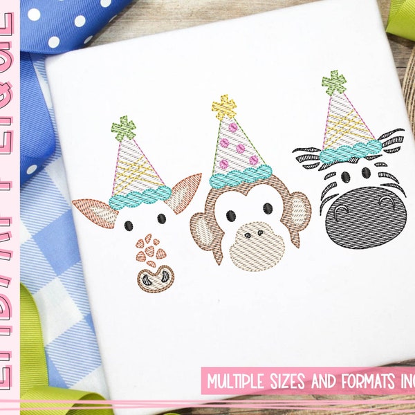 Birthday Zoo Crew - Sketch - Sketch Embroidery Design - Instant Download - Quick Stitch Design