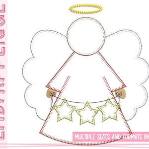 May include: Embroidered angel applique design with a halo, wings, and a string of stars. Multiple sizes and formats are included.