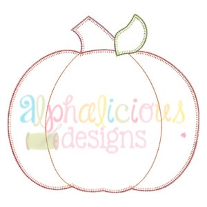 May include: A pumpkin outline with a stem and leaf, stitched in a brown thread. The design includes the text "alphalicious designs" in pastel colors, perfect for fall-themed crafts and embroidery projects.