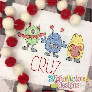 Monsters with Hearts - Sketch - Valentine Embroidery Design - Instant Download - 5 Sizes - 9 Different File Formats!