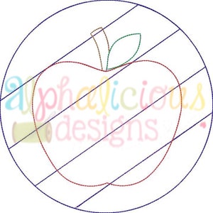 May include: A red apple with a green leaf and a brown stem is outlined in red, blue, and green thread. The apple is inside a circle with blue diagonal lines.