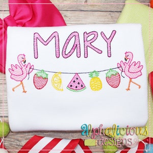 Fruity Tooty Bunting with Flamingos - Sketch Embroidery Design- Vintage Monogram Banner