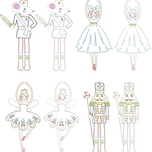 May include: A set of eight embroidered designs featuring characters from the Nutcracker ballet. The designs include a mouse king, a ballerina, and a nutcracker soldier. The designs are all in a vintage style and are perfect for embroidery projects.