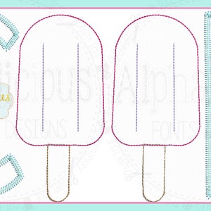 May include: A design featuring the word "COOL" with each letter outlined in a light blue stitch. The "O"s are designed as popsicle shapes with brown sticks. The design includes the text "Alphalicious Designs" in a decorative font.