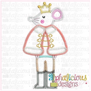 May include: A white mouse wearing a red and gold cape, a gold crown, and black boots. The mouse is standing on a white background with the text "Alphalicious Designs" in colorful letters.