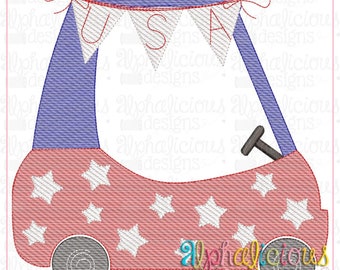May include: Red, white, and blue toy car with a star pattern and a banner that says "USA".