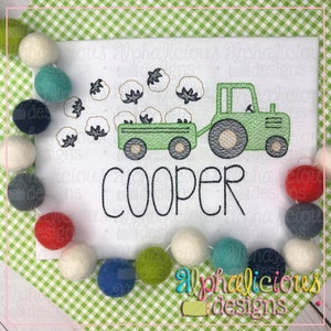 Farm Tractor with Cotton - Sketch Embroidery Design - Digitized Embroidery Design - Instant Download
