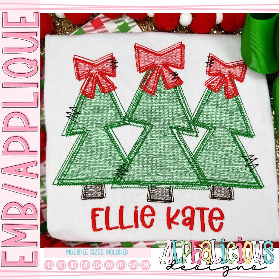 Funky Trees With Bow Three in A Row Sketch Design - Etsy