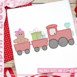 Zug mit Lebkuchenmädchen und Geschenken – Skizzen-Stickmuster – Weihnachtszug-Stickmuster – Skizze Weihnachten – Schnellstich