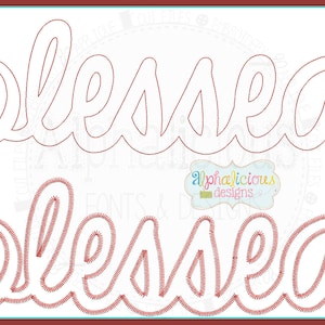 May include: A digital embroidery design of the word "blessed" in a cursive font. The design is shown in two versions: one with a white outline and one with a red outline.