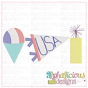 May include: A set of three embroidered designs for a 4th of July theme. The designs include a red, white, and blue ice cream cone, a red, white, and blue pennant with the word "USA" on it, and a yellow firework.