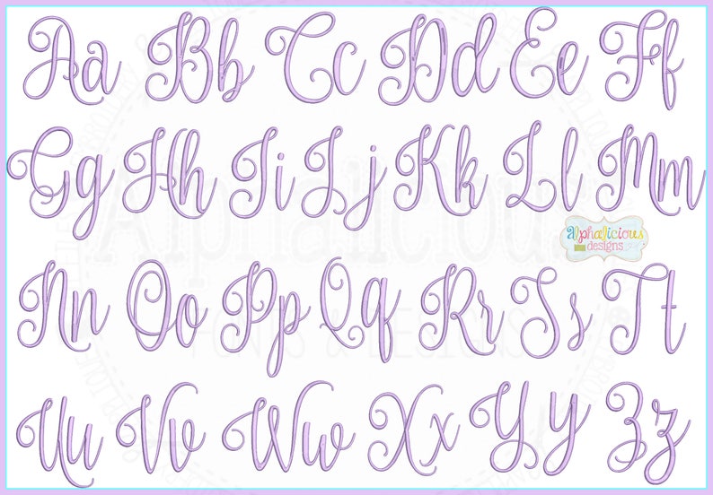 May include: A purple alphabet with cursive letters and swirls. The letters are in a single row, with each letter separated by a space. The letters are on a white background.