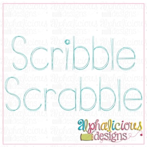 May include: A digital embroidery design featuring the words "Scribble Scrabble" in a turquoise blue color. The design is created by Alphalicious Designs.