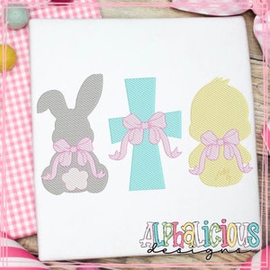 Bunny Cross Chick with Bow - Three in a Row - Sketch - Embroidery Design - Instant Download - Quick Stitch Design