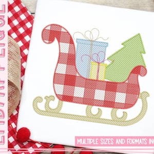 Gingham slee schets borduurontwerp: kerstboom en cadeaus (digitale download)