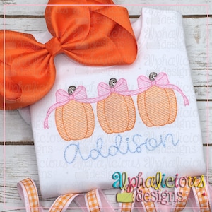 Pumpkin Trio with Bows - Sketch - Embroidery  Design - Quick Stitch - Instant Download