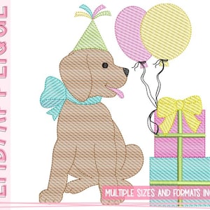 Birthday Pup with Bow-Sketch Design - Birthday Embroidery Sketch Designs - Dog Birthday Design - Pup Birthday Design - Girly Pup Sketch