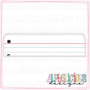 May include: A white rectangular name tag with a black stitched border and three blue lines. There are two black dots on the tag.