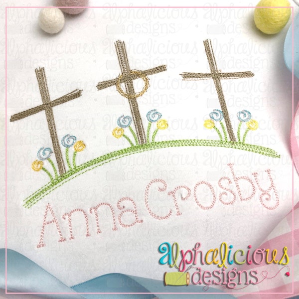 Three Crosses on a Hill with Flowers - Doodle Embroidery Design - Quick Stitch - Instant Download