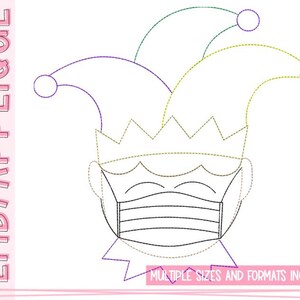 May include: A black and white line art design of a jester wearing a mask. The jester has a crown and two pointy hats. The design is for embroidery and applique. "Multiple sizes and formats included" is written at the bottom of the image.